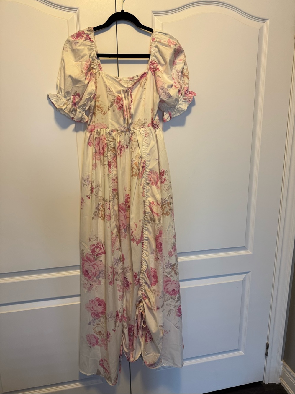 Cream Floral Puff Sleeve Maxi Dress - Pink Rose Print